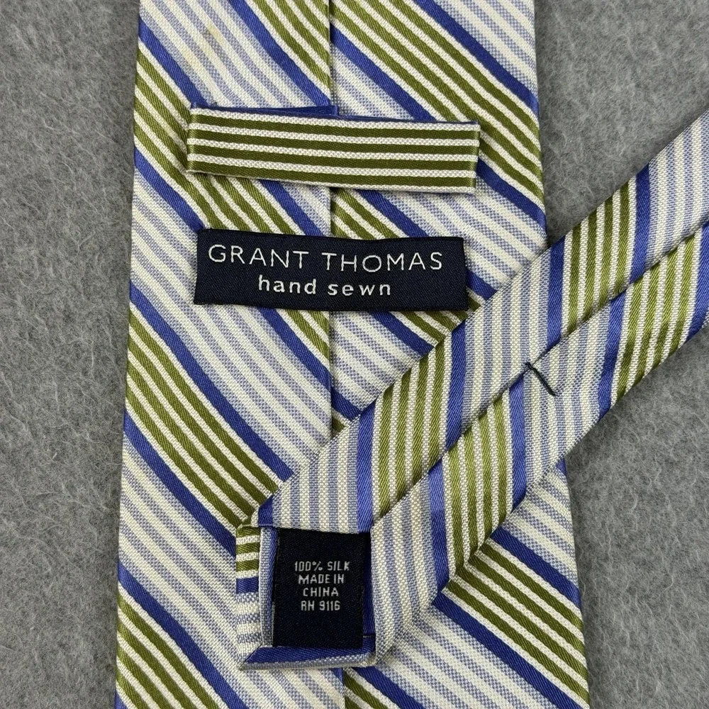 Grant Thomas Hand Sewn Silk Blue Green Stripe Necktie 100% Silk 60x3.9